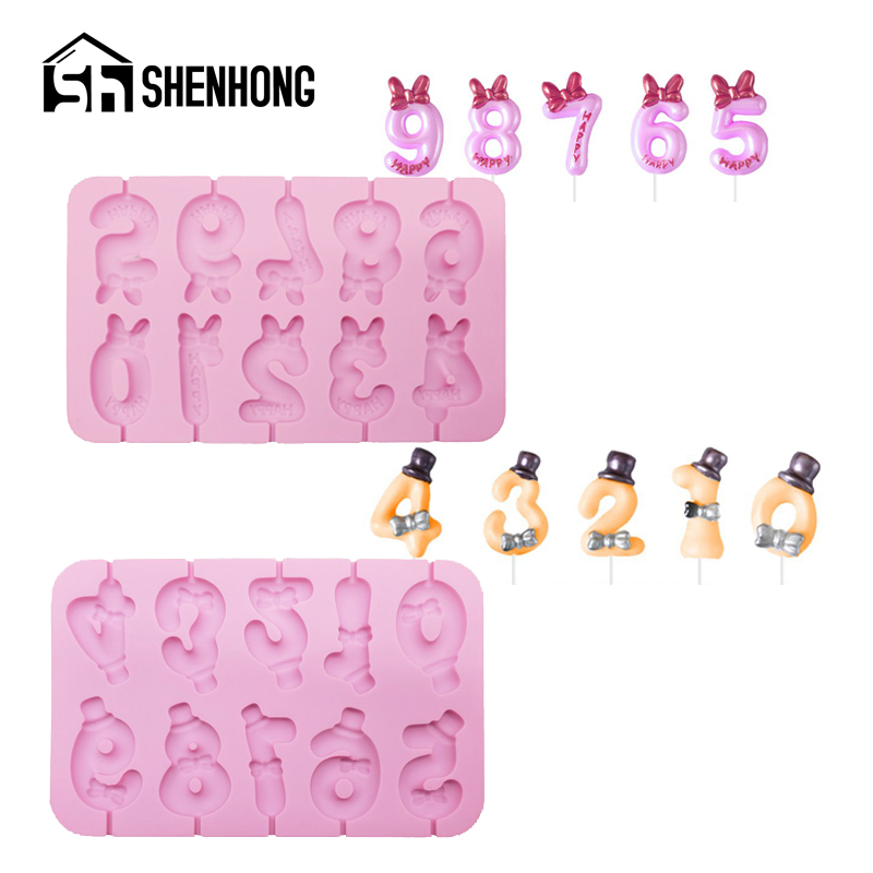 SHENHONG 2 스타일 케이크 토퍼 롤리팝 금형 스틱 핑크 0-9 번호 캔디 실리콘 금형 생일 장식 베이킹 도구